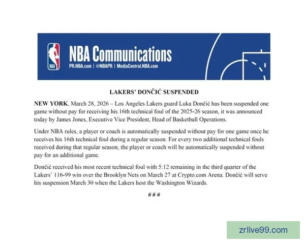 东契奇因16次技术犯规被NBA处罚无薪禁赛损失超二十六万美元